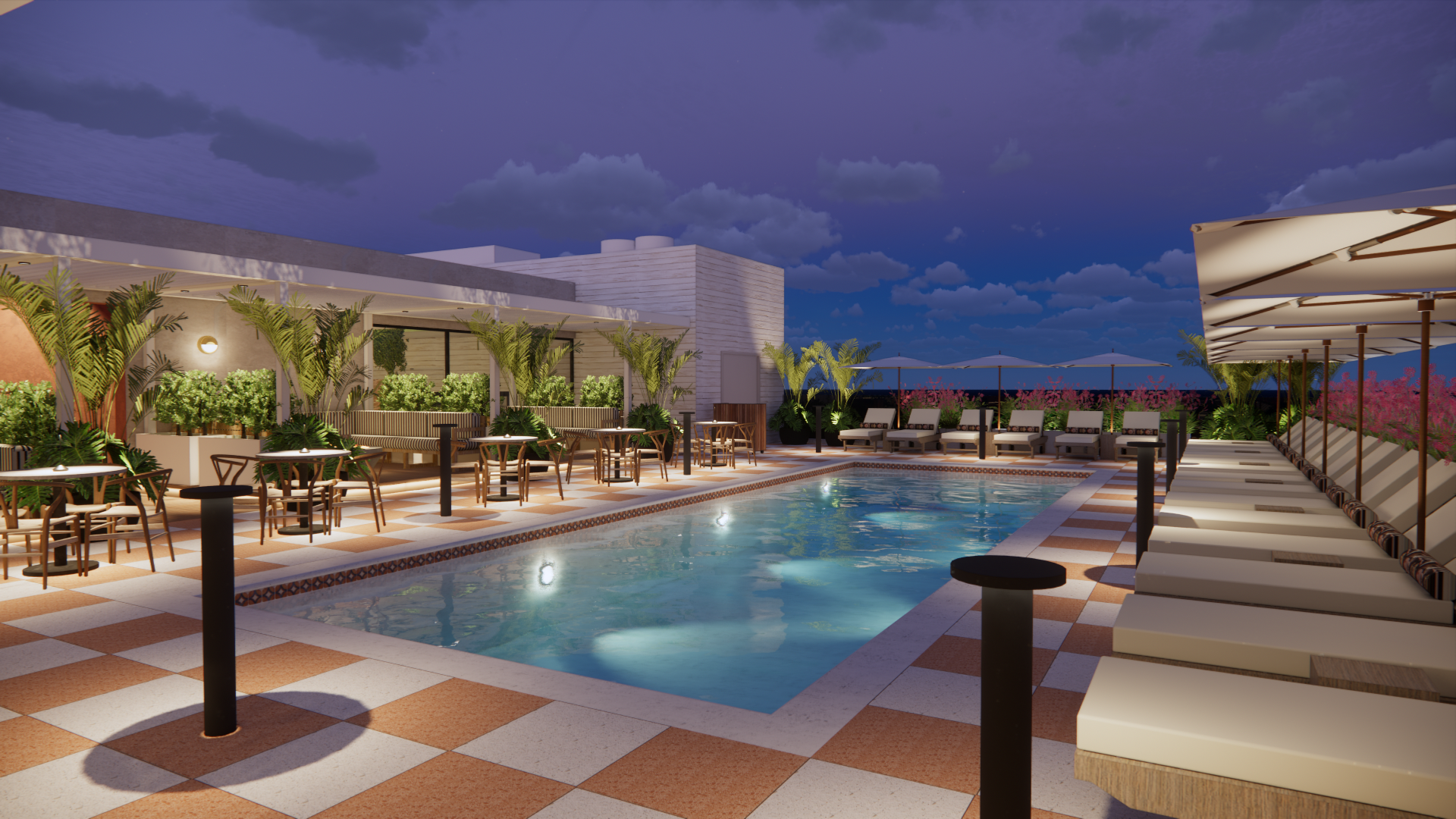 Rendering of a rooftop pool at night surrounded by chaises with tropical plants behind it